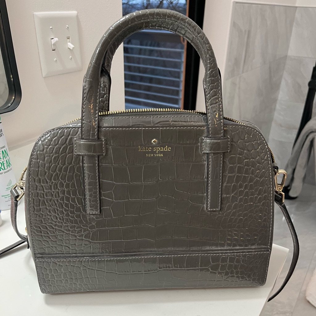 Kate Spade Gray Croc-Embossed Satchel With Gold Hardware